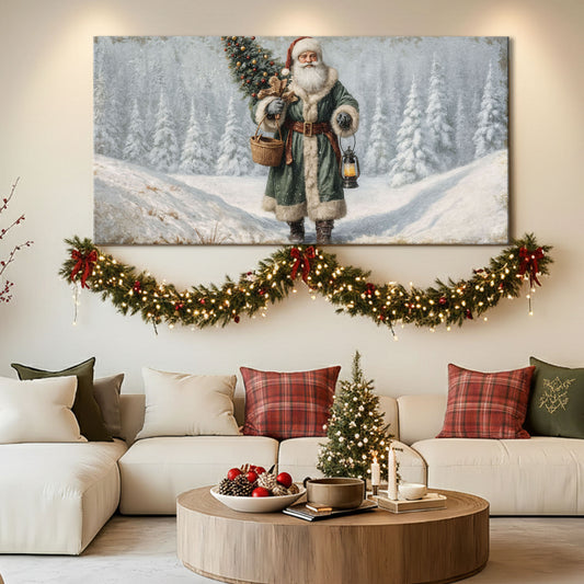 Vintage Green Santa in the Snow Christmas Wall Art