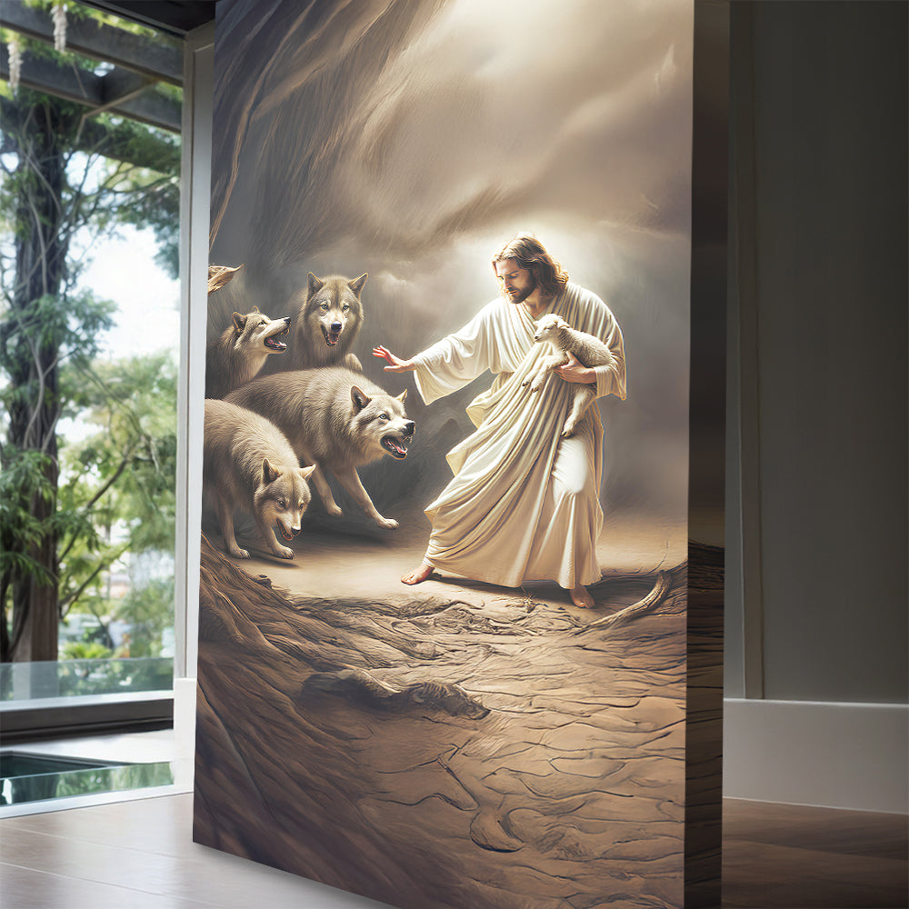 Jesus Protects The Lamb From Wolves Faith Wall Art VII