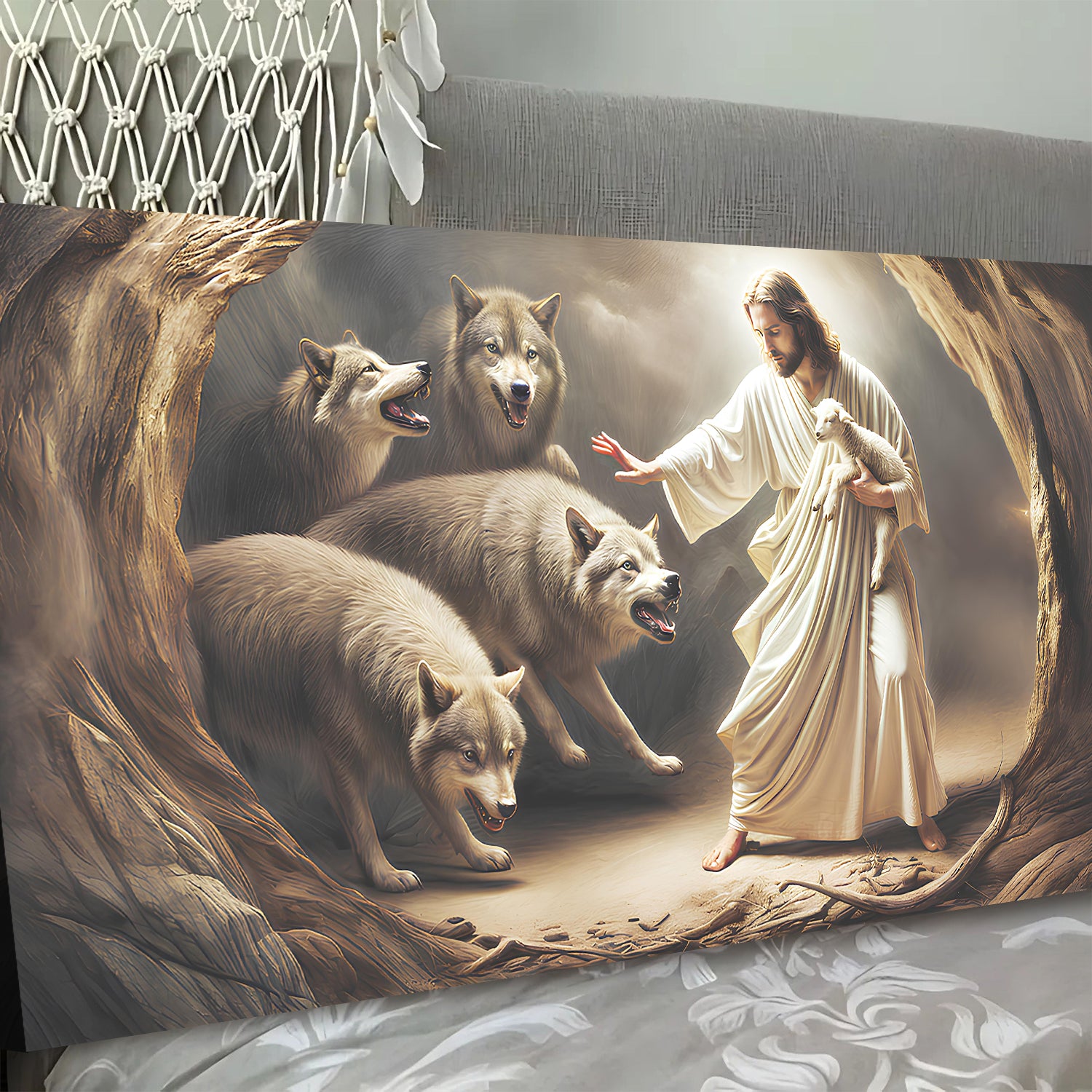 Jesus Protects The Lamb From Wolves Faith Wall Art III