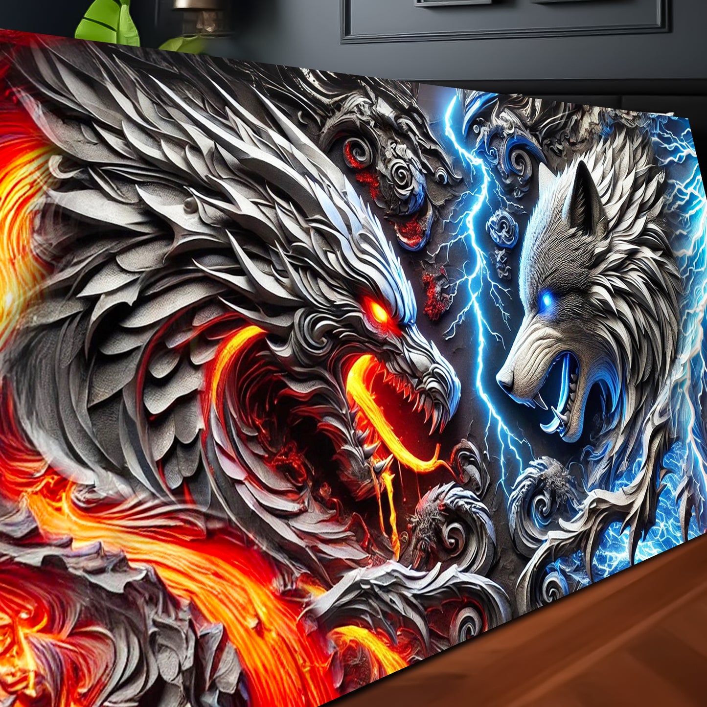 3D Dragon and Wolf Wall Art IV