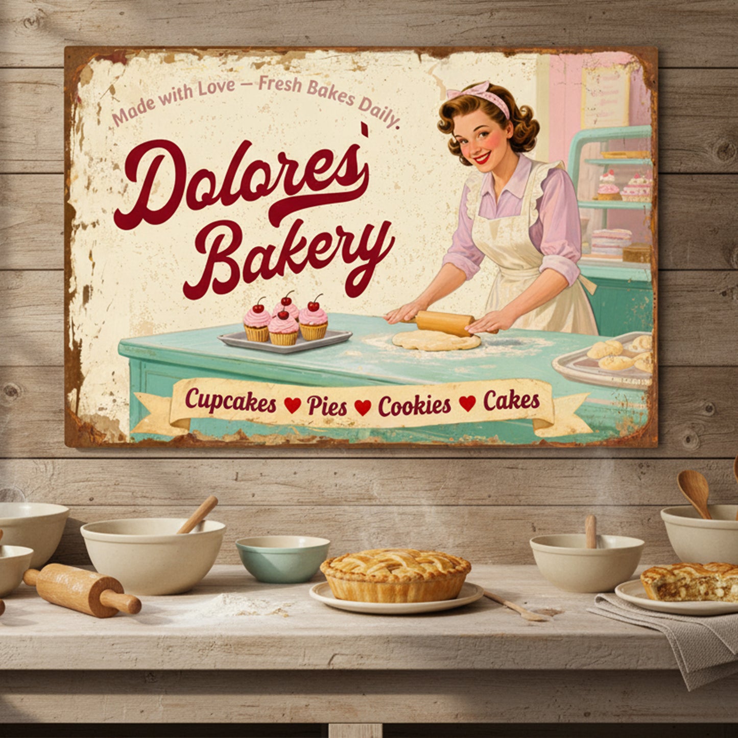 Vintage Mom's Bakery Farmhouse Wall Sign