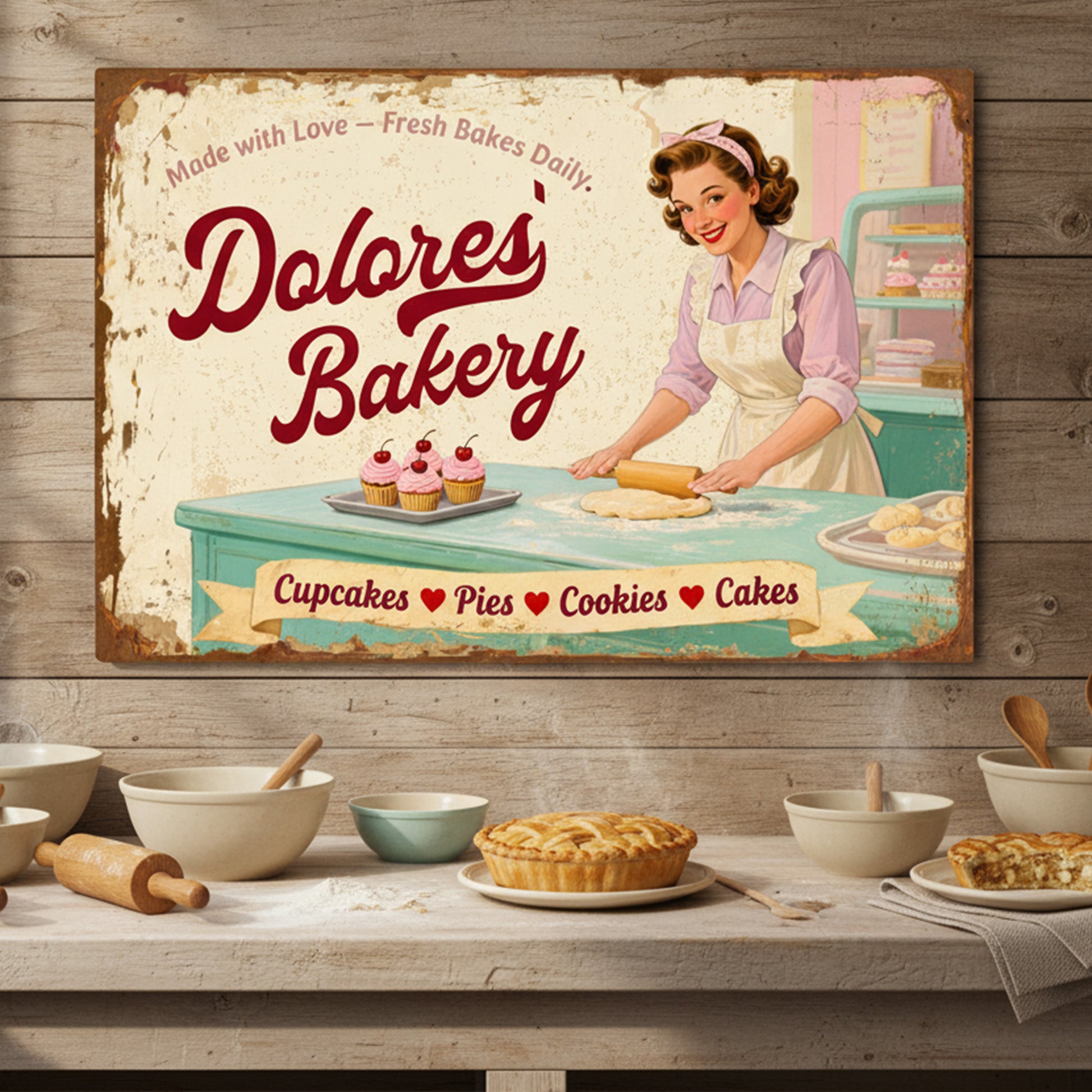 Vintage Mom's Bakery Farmhouse Wall Sign