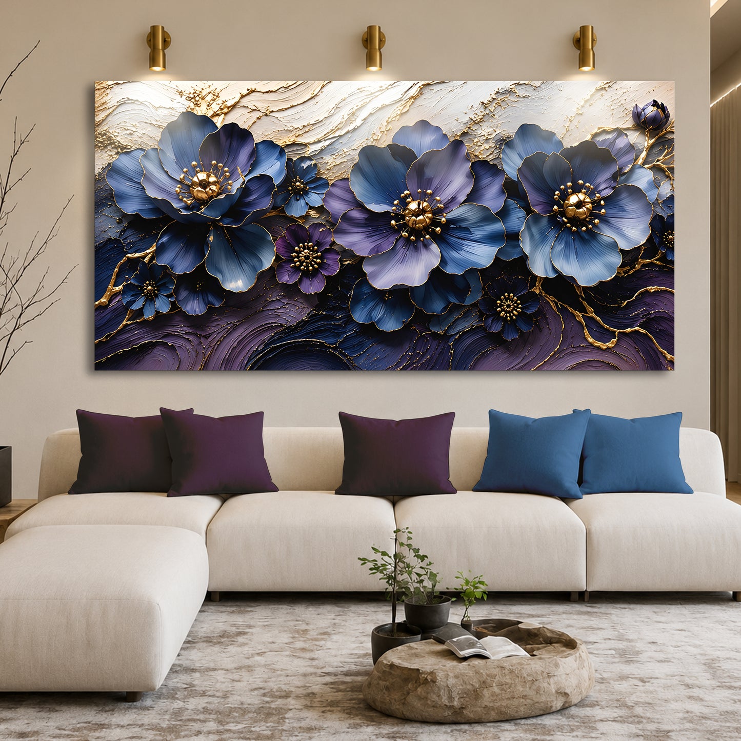Sapphire & Gold Floral Symphony Wall Art