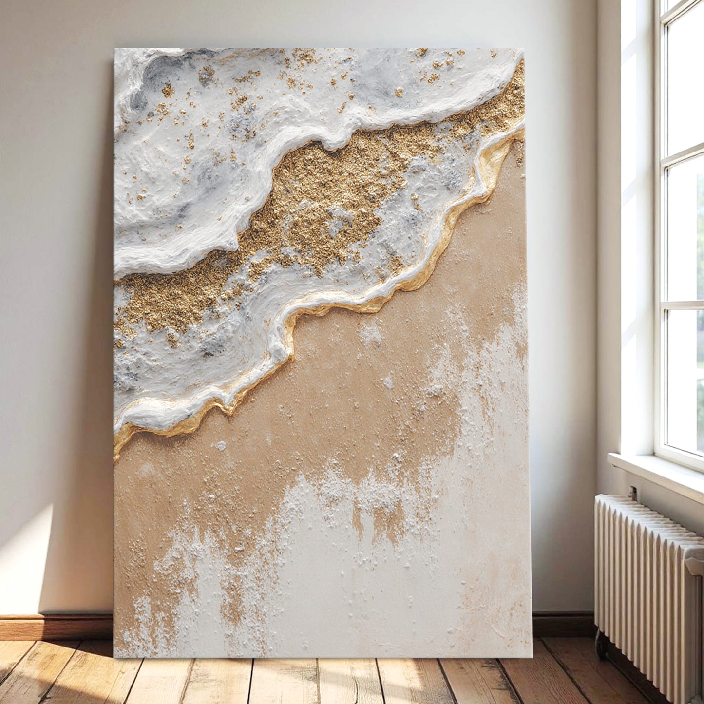 White Waves Golden Sand Abstract Wall Art