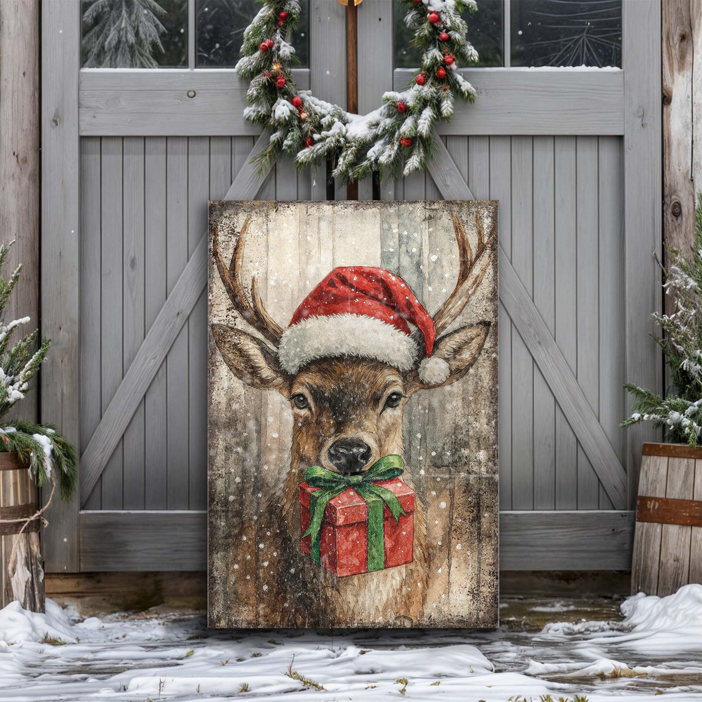Reindeer with Santa Hat Christmas Wall Art