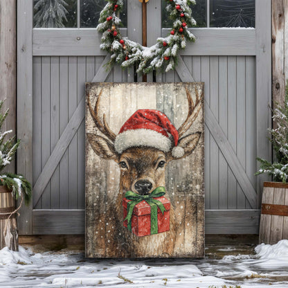Reindeer with Santa Hat Christmas Wall Art