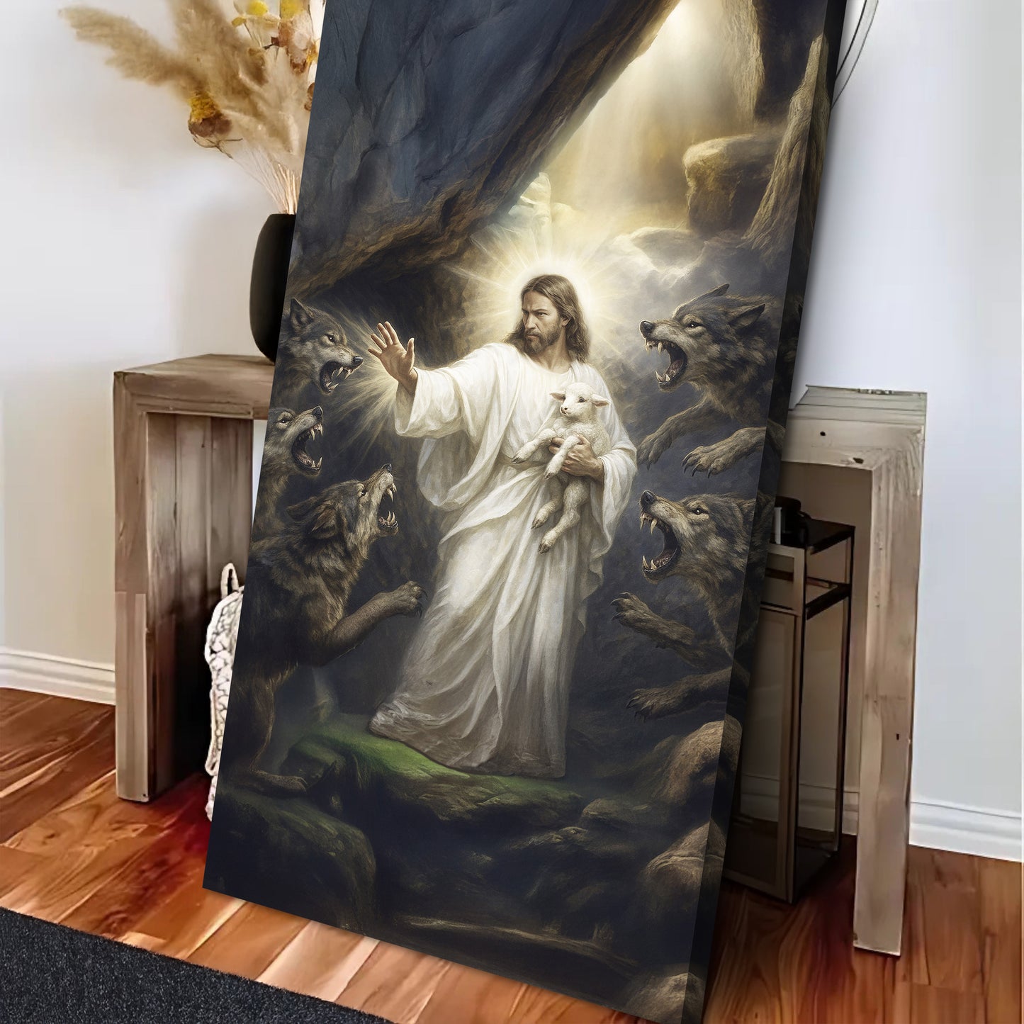 Jesus Protects The Lamb From Wolves Faith Wall Art XV