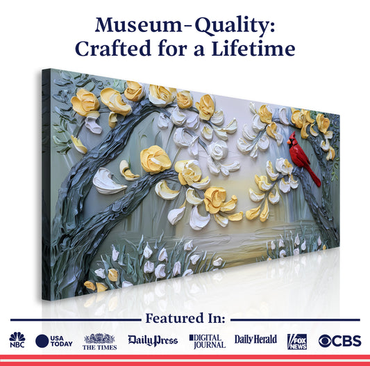 Golden Petals and Scarlet Wings Impasto Wall Art