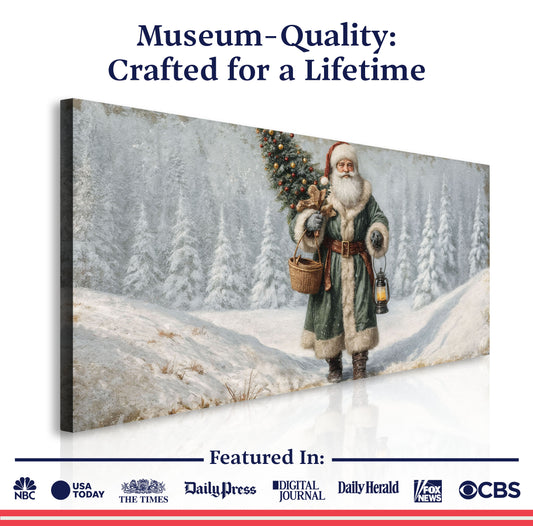 Vintage Green Santa in the Snow Christmas Wall Art