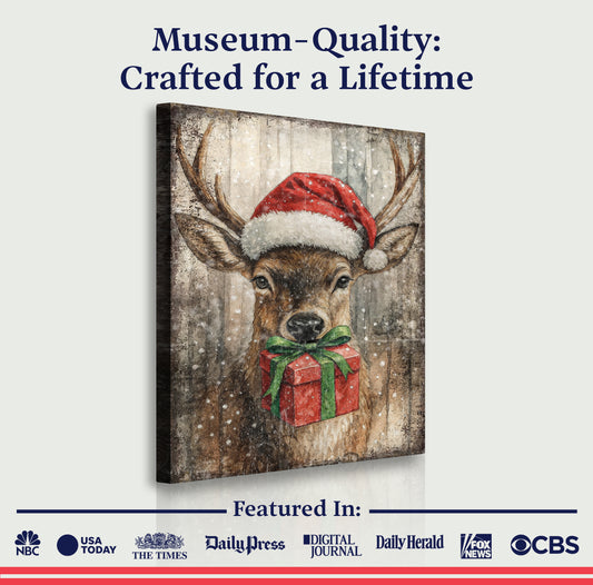 Reindeer with Santa Hat Christmas Wall Art