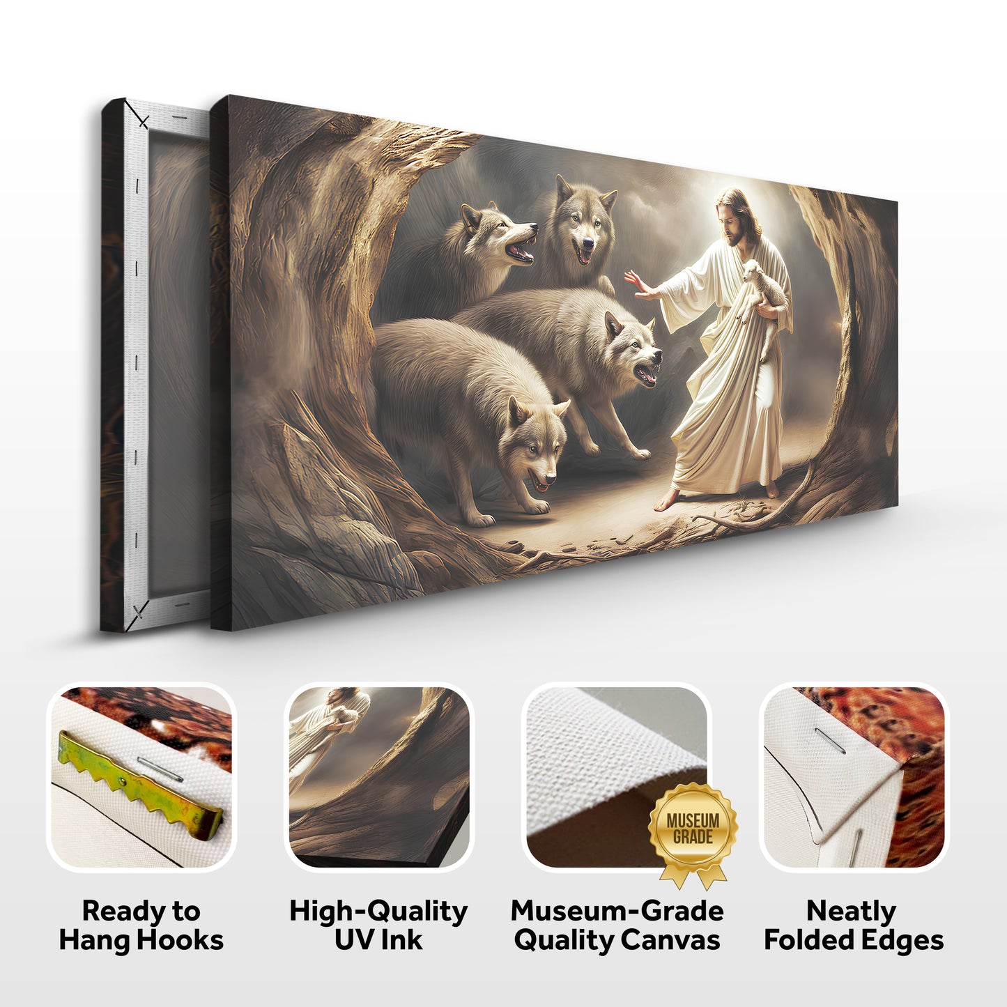 Jesus Protects The Lamb From Wolves Faith Wall Art III