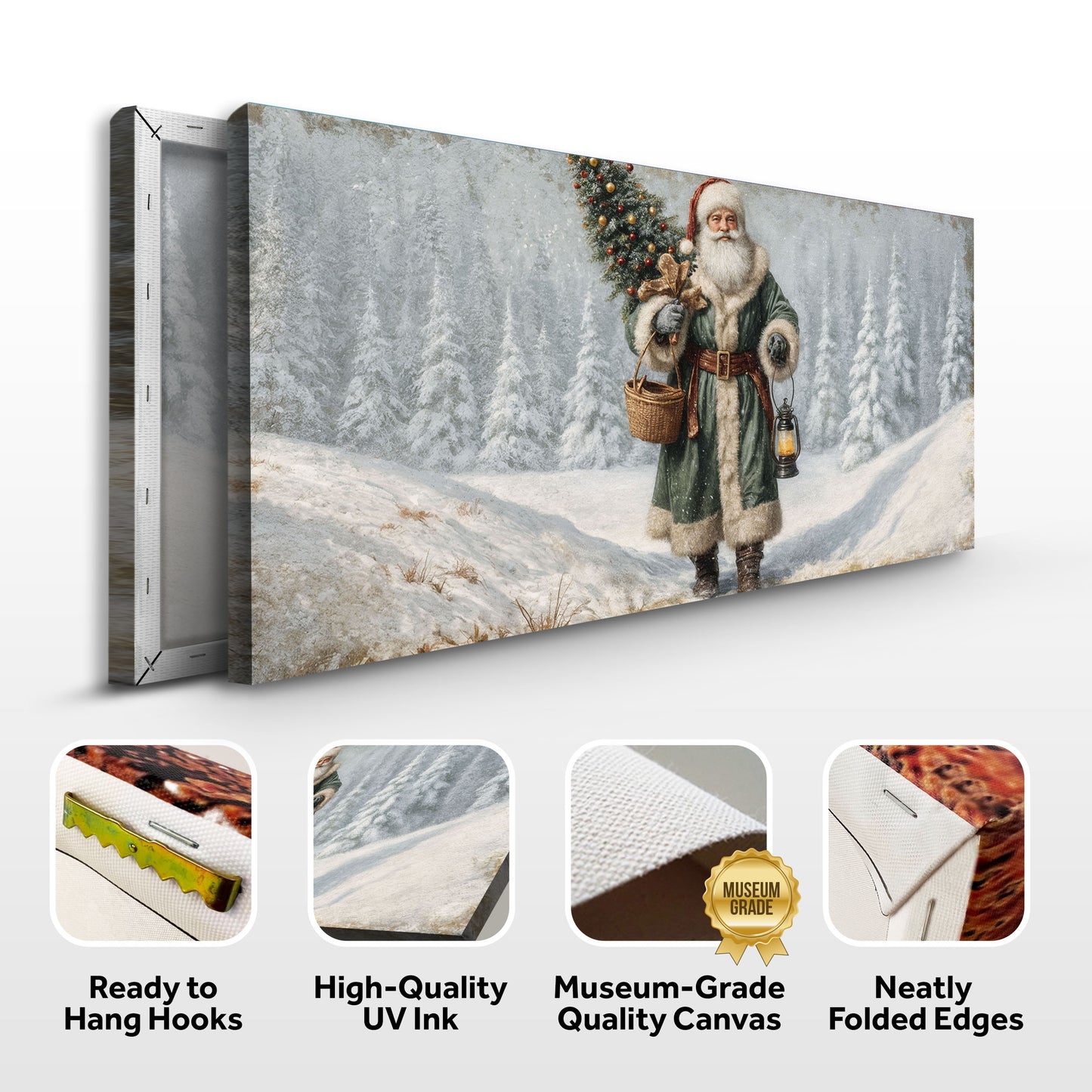 Vintage Green Santa in the Snow Christmas Wall Art