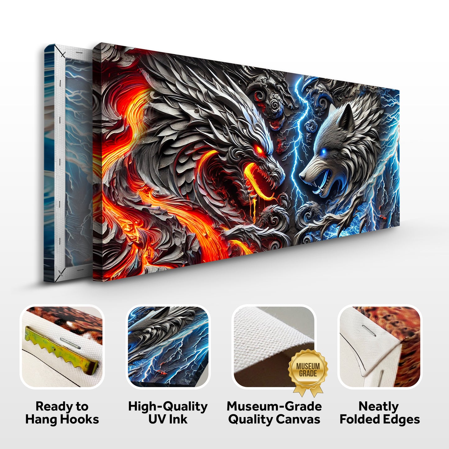 3D Dragon and Wolf Wall Art IV