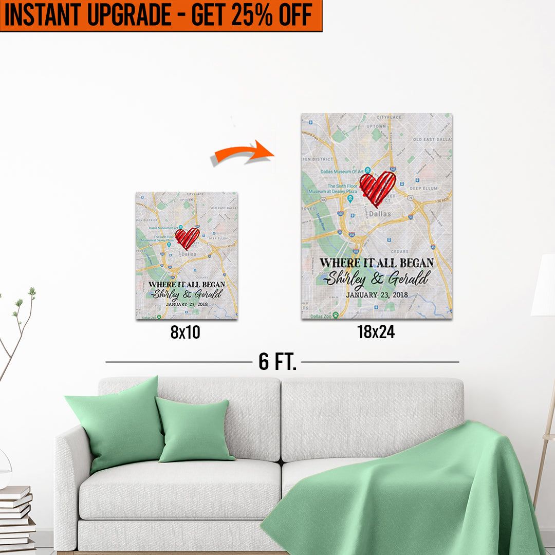 Upgrade Your 8x10 Inches 'Where It All Began Couple Map' Canvas To 18x24 Inches