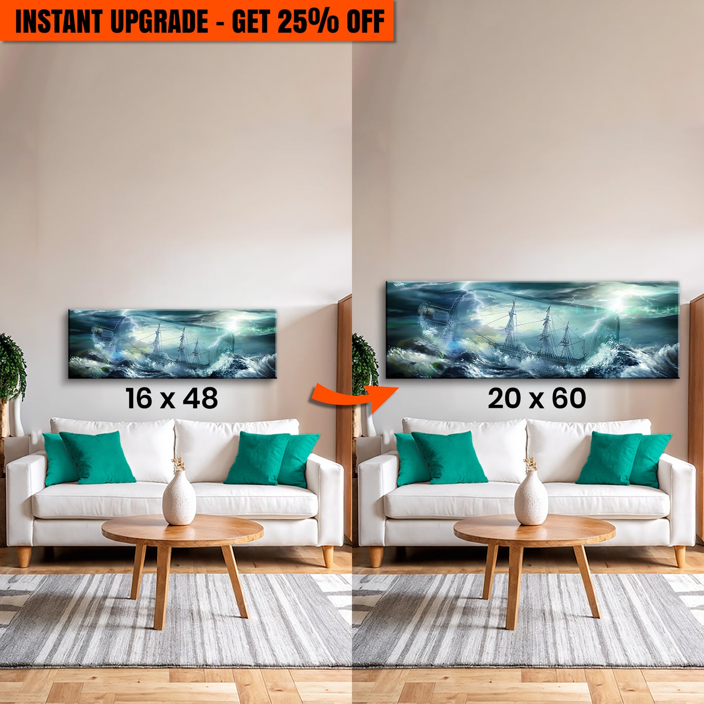 Upgrade Your 48x16 Inches Canvas 'Pirate Ship In A Bottle Canvas Wall Art' To 60x20 Inches Canvas