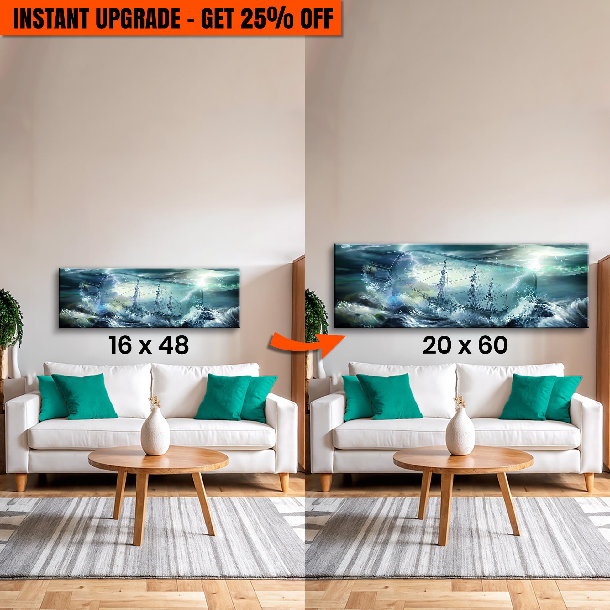 Upgrade Your 48x16 Inches Canvas 'Pirate Ship In A Bottle Canvas Wall Art' To 60x20 Inches Canvas