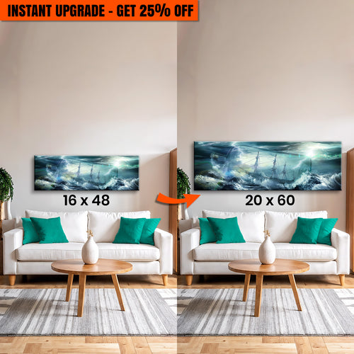 Upgrade Your 48x16 Inches Canvas 'Pirate Ship In A Bottle Canvas Wall Art' To 60x20 Inches Canvas