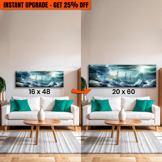 Upgrade Your 48x16 Inches Canvas 'Pirate Ship In A Bottle Canvas Wall Art' To 60x20 Inches Canvas