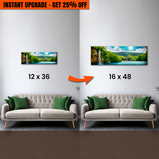 Upgrade Your 12x36 Inches 'Green Forest Mountain Waterfall Wall Art' Canvas To 16x48 Inches