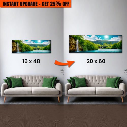 Upgrade Your 16x48 Inches 'Green Forest Mountain Waterfall Wall Art' Canvas To 20x60 Inches