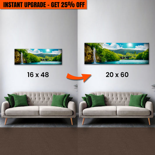 Upgrade Your 16x48 Inches 'Green Forest Mountain Waterfall Wall Art' Canvas To 20x60 Inches