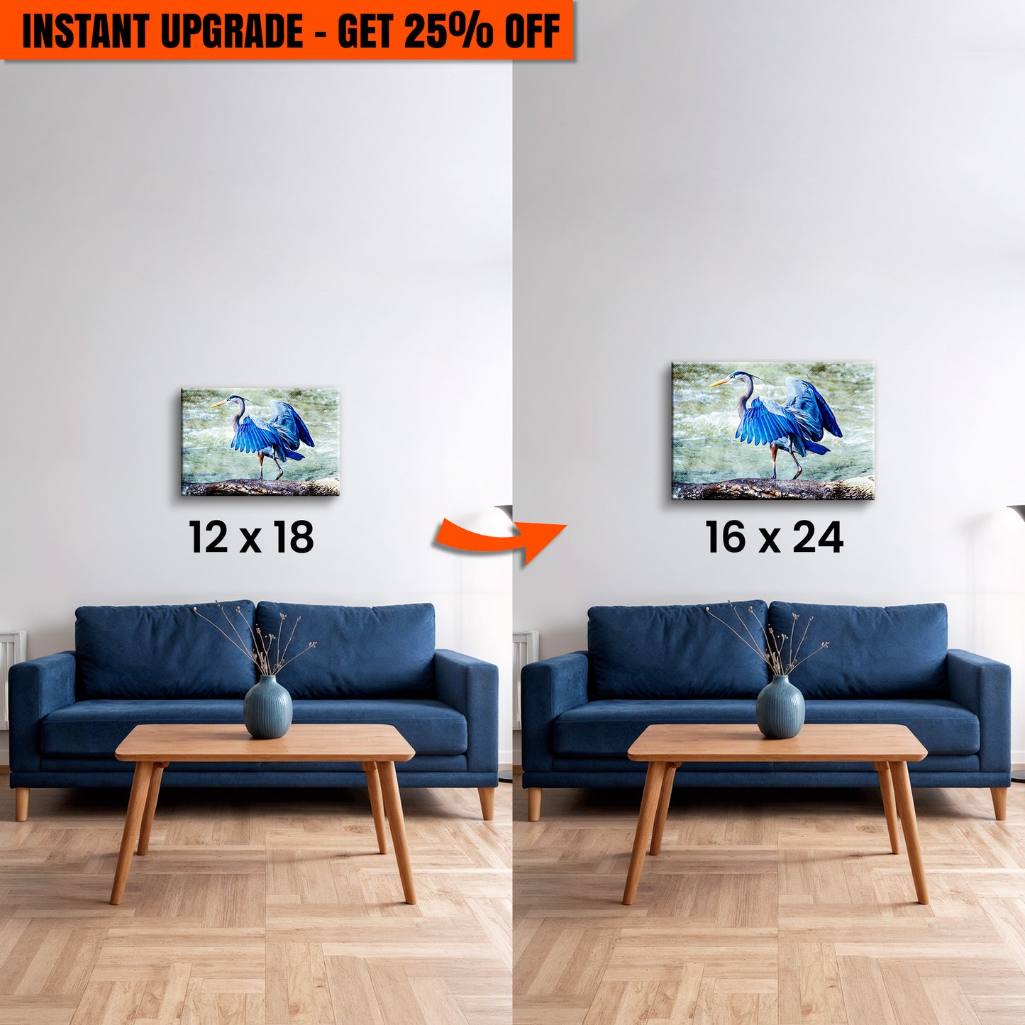 Upgrade Your 12x18 Inches 'Beach Blue Heron Wall Art II' Canvas to 16x24 Inches