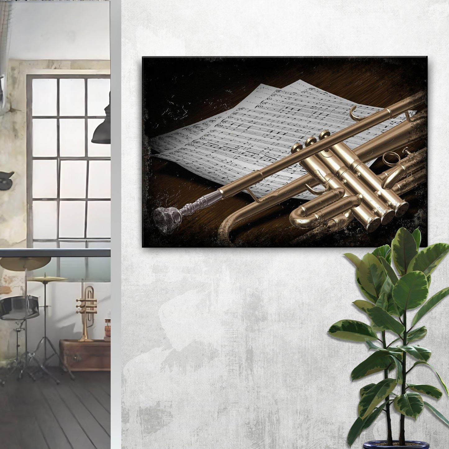 Trumpet Grunge Canvas Wall Art Style 2 - Image by Tailored Canvases