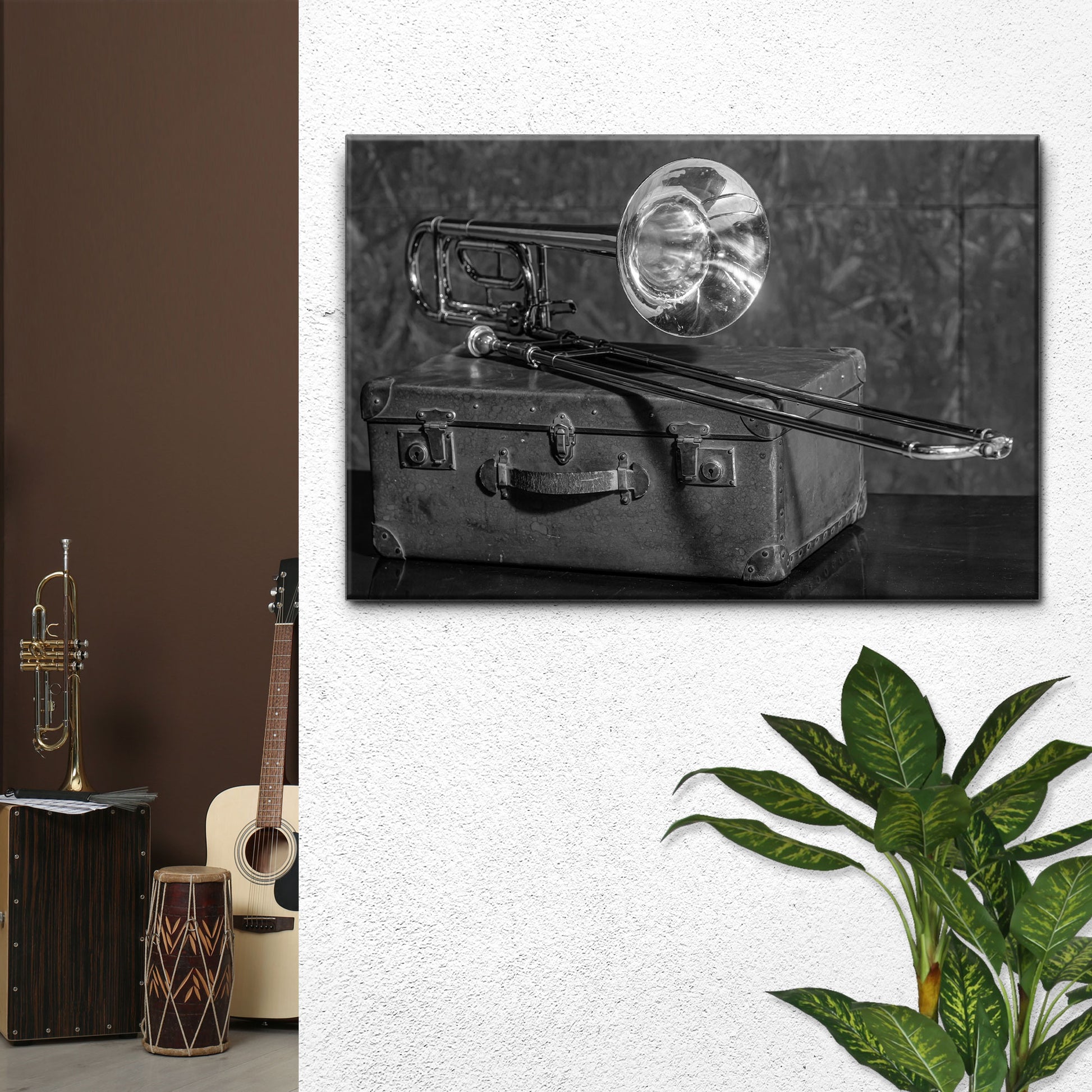 Trombone Monochrome Canvas Wall Art Style 1 - Image by Tailored Canvases