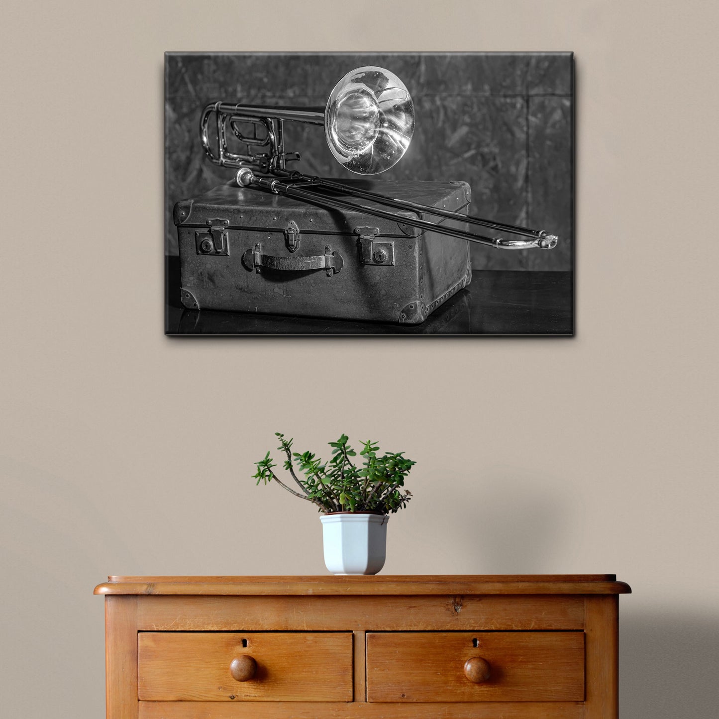 Trombone Monochrome Canvas Wall Art Style 2 - Image by Tailored Canvases