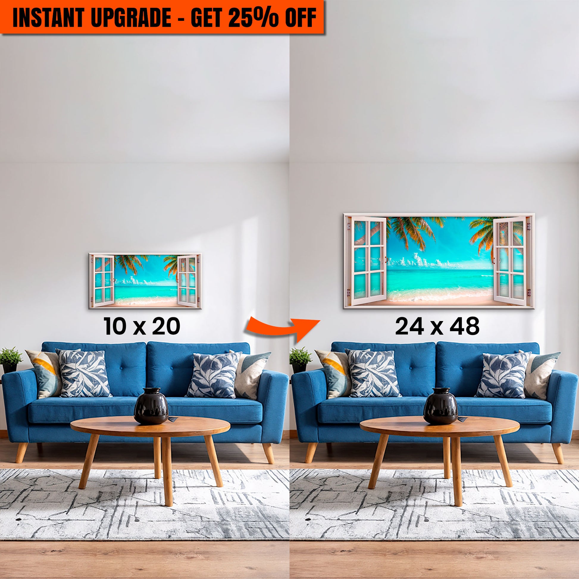 Upgrade Your 10x20 Inches 'Coconut Palm Beach Window Scenery Wall Art' To 24x48 Inches Canvas