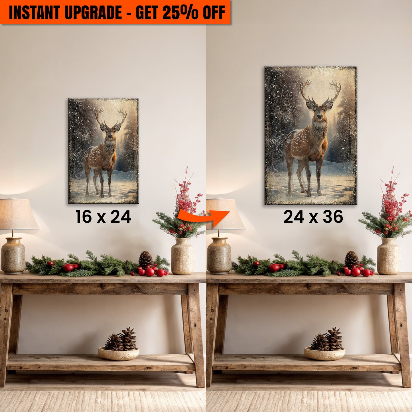 Upgrade Your 24x16 Inches 'Vintage Winter Deer Christmas Wall Art IV' Canvas To 36x24 Inches