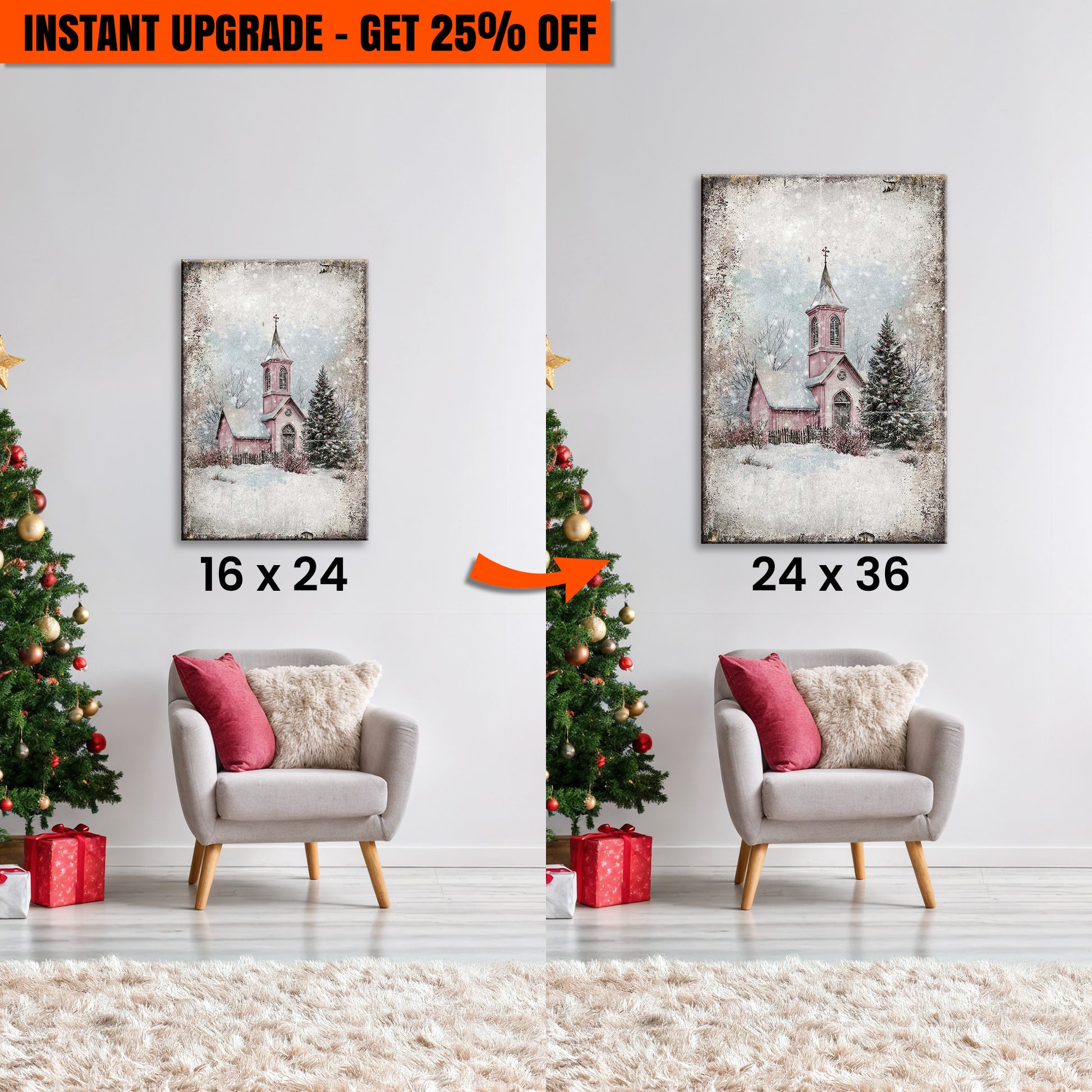 Upgrade Your 24x16 Inches 'Vintage Church Christmas Wall Art' Canvas To 36x24 Inches