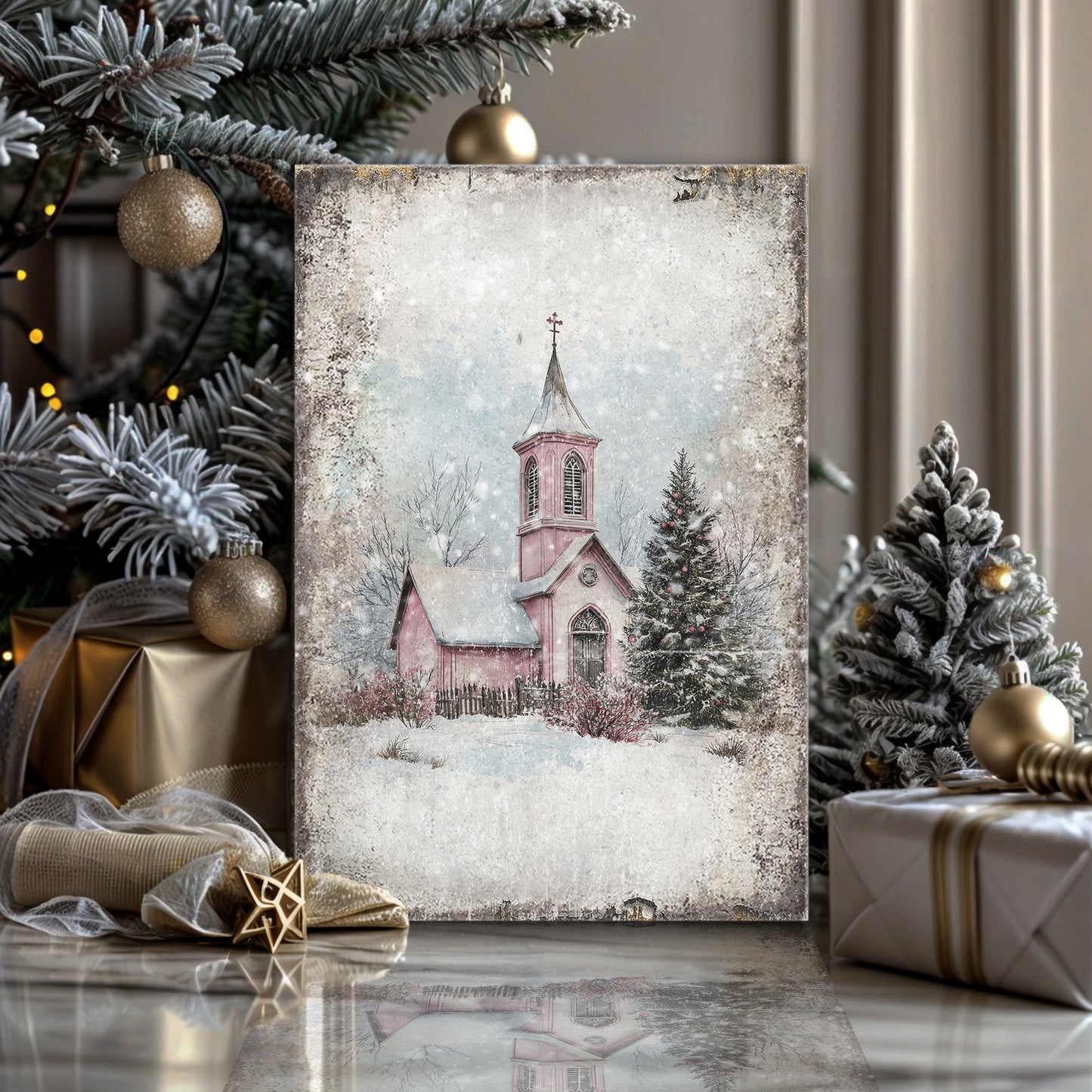 Vintage Church Christmas Wall Art