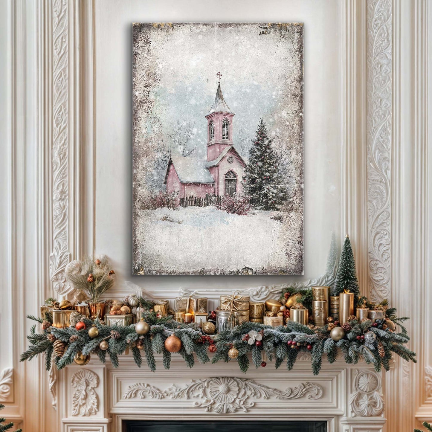 Vintage Church Christmas Wall Art