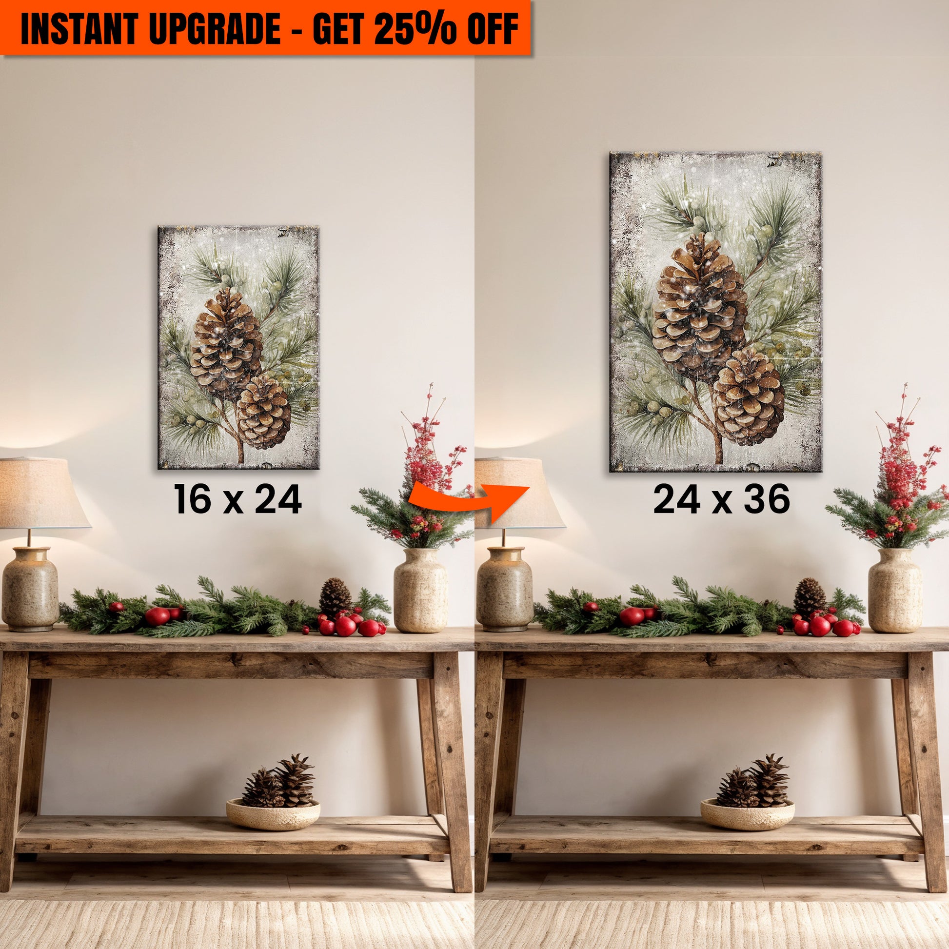 Upgrade Your 24x16 Inches 'Vintage Winter Pine Cone Christmas Wall Art II' Canvas To 36x24 Inches