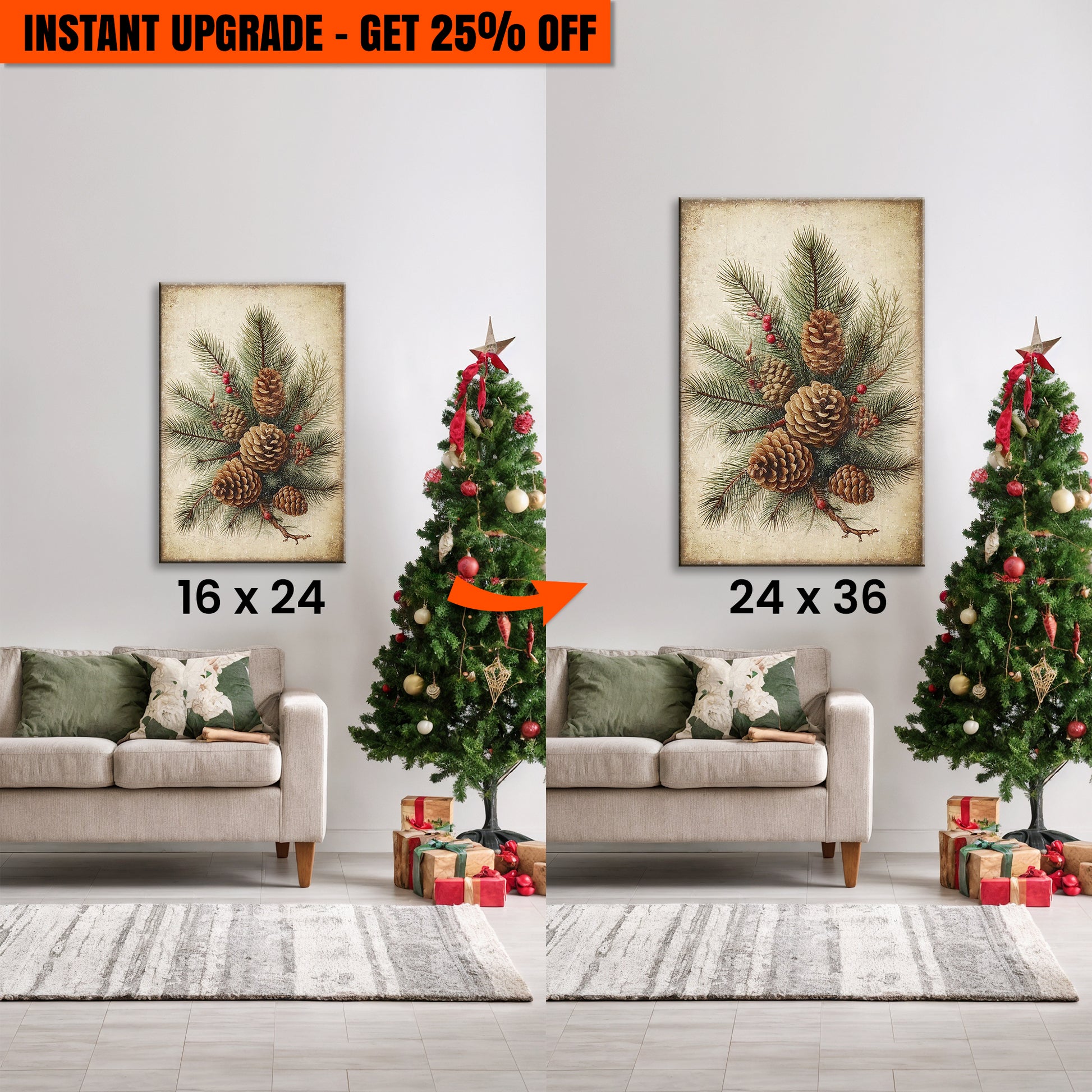 Upgrade Your 24x16 Inches 'Vintage Winter Pine Cone Christmas Wall Art III' Canvas To 36x24 Inches
