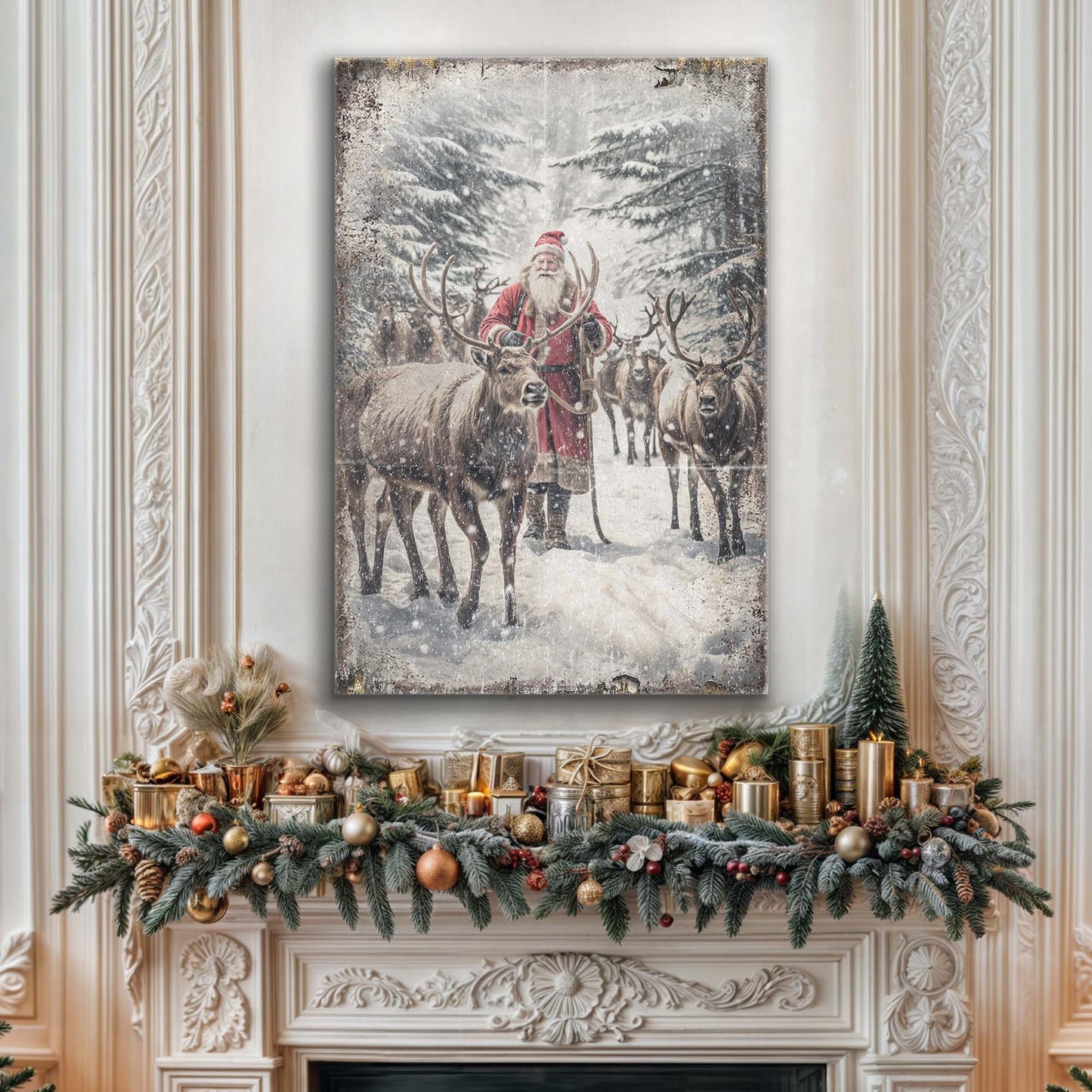 Vintage Woodland Santa Christmas Wall Art