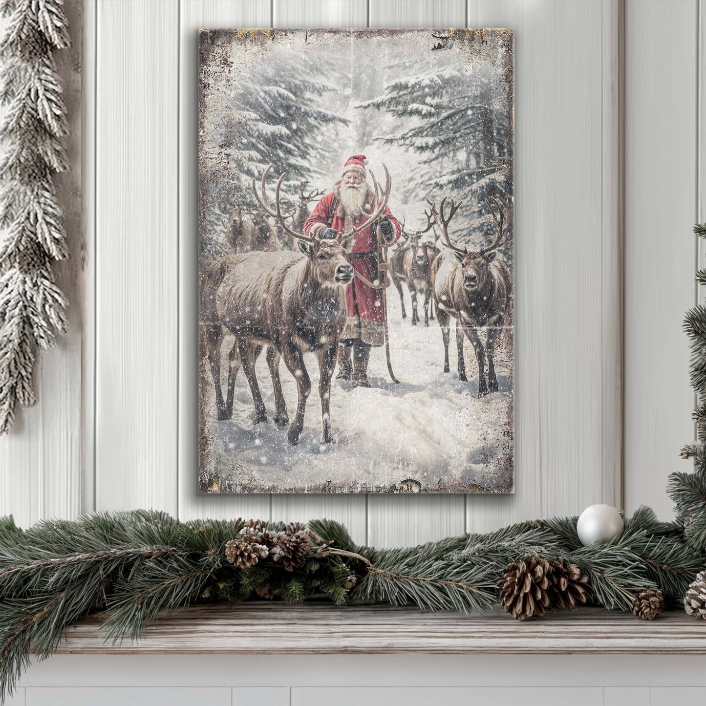 Vintage Woodland Santa Christmas Wall Art