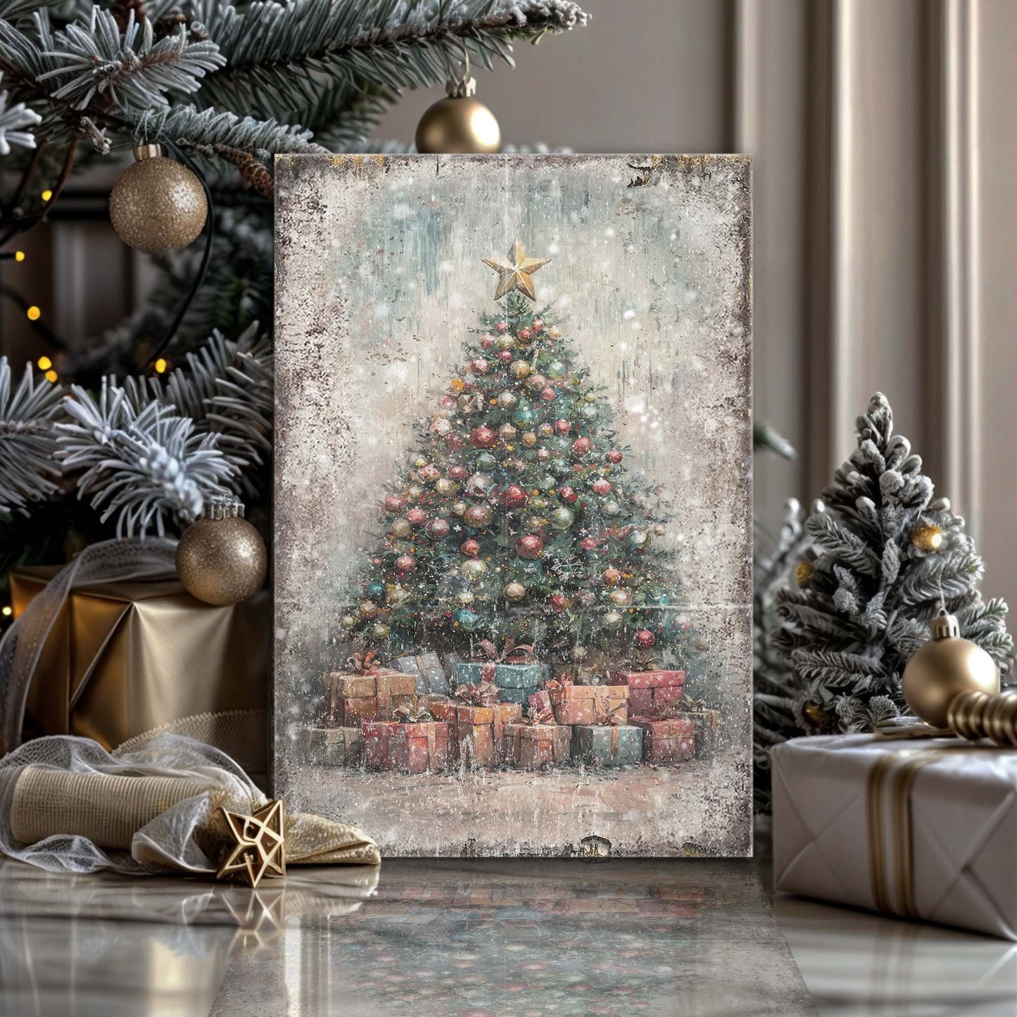 Vintage Christmas Tree With Gifts Wall Art