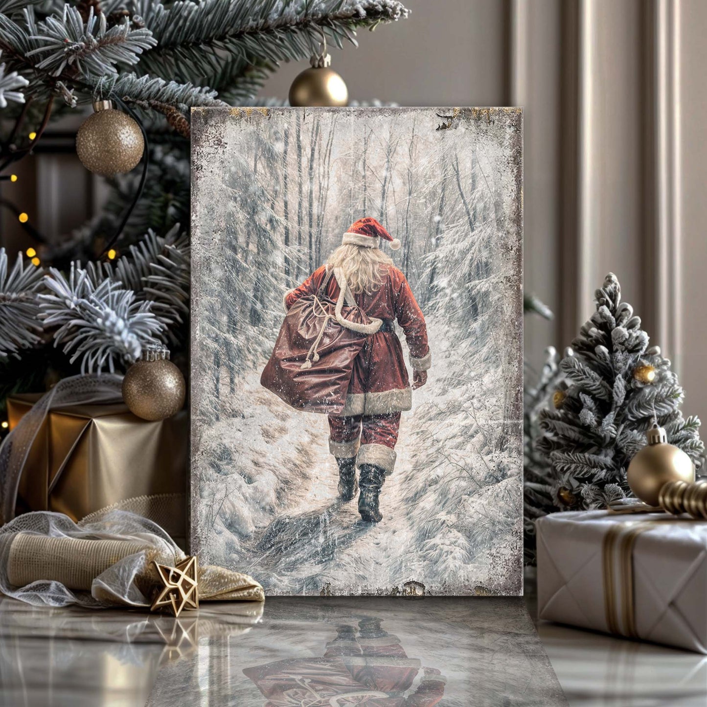 Vintage Santa Claus in Winter Forest Christmas Wall Art