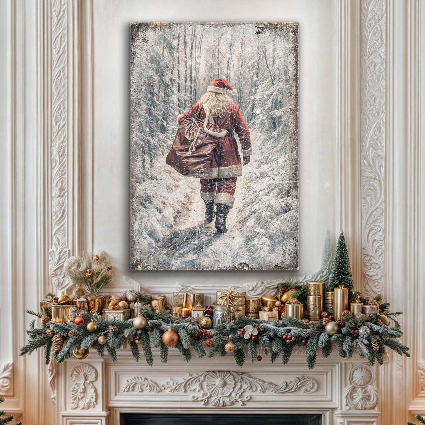 Vintage Santa Claus in Winter Forest Christmas Wall Art