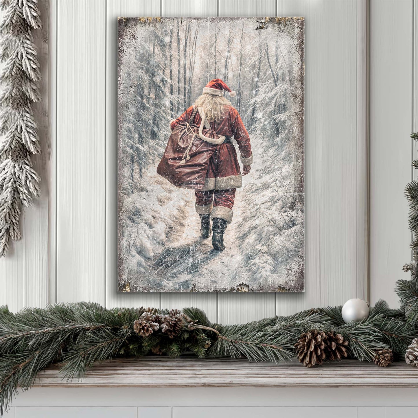 Vintage Santa Claus in Winter Forest Christmas Wall Art