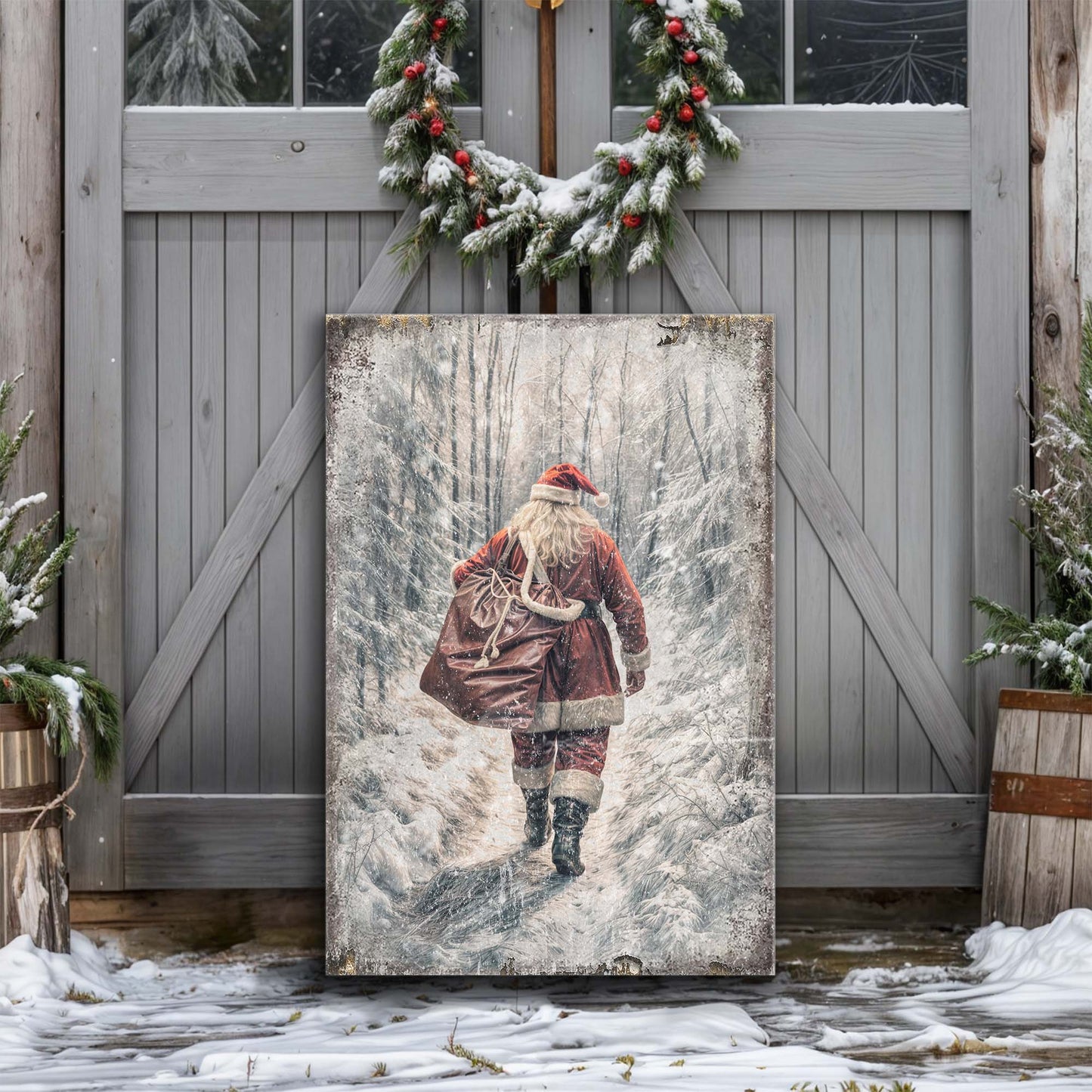 Vintage Santa Claus in Winter Forest Christmas Wall Art