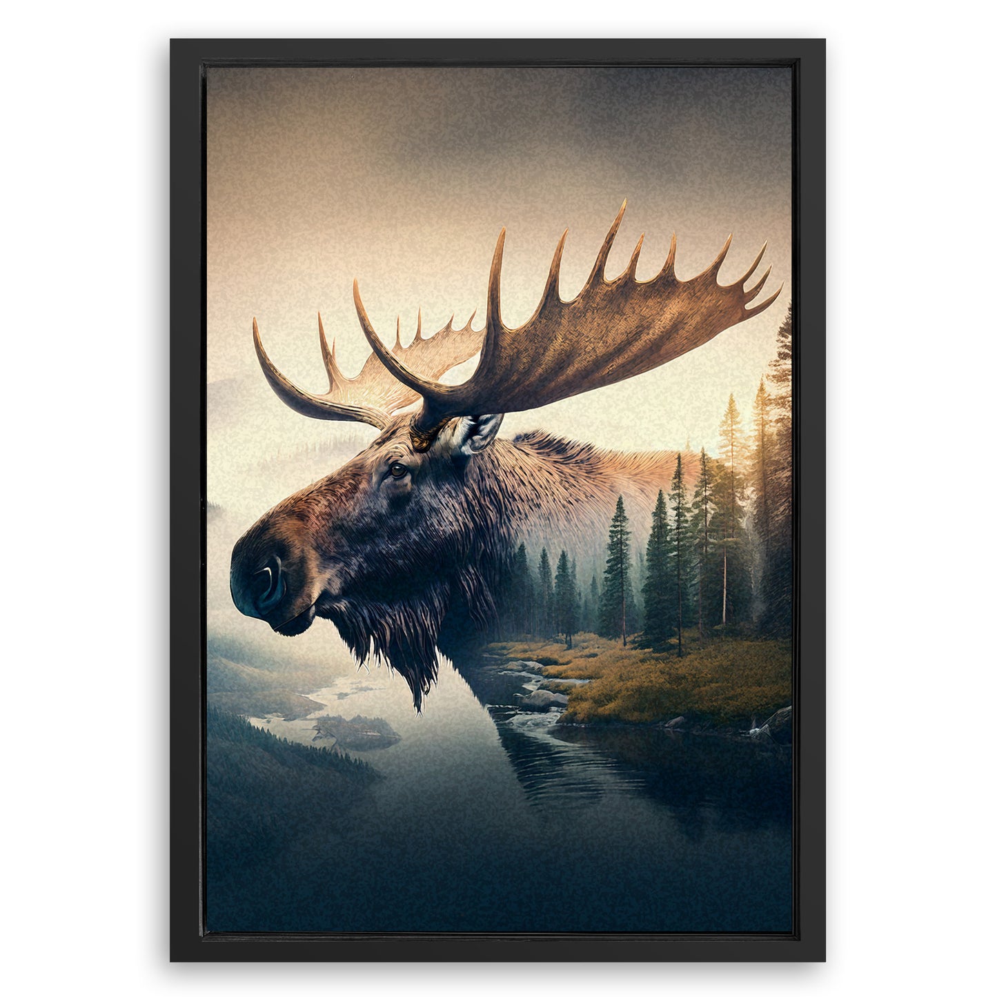 Save 33% When You Add A Frame To Your 24x16 Moose Double Exposure Wall Art Canvas Now