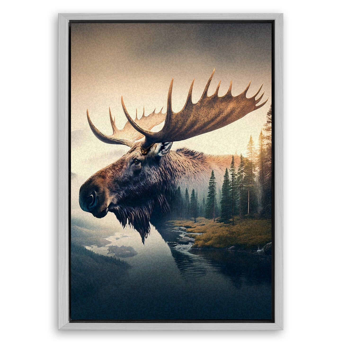 Save 33% When You Add A Frame To Your 24x16 Moose Double Exposure Wall Art Canvas Now