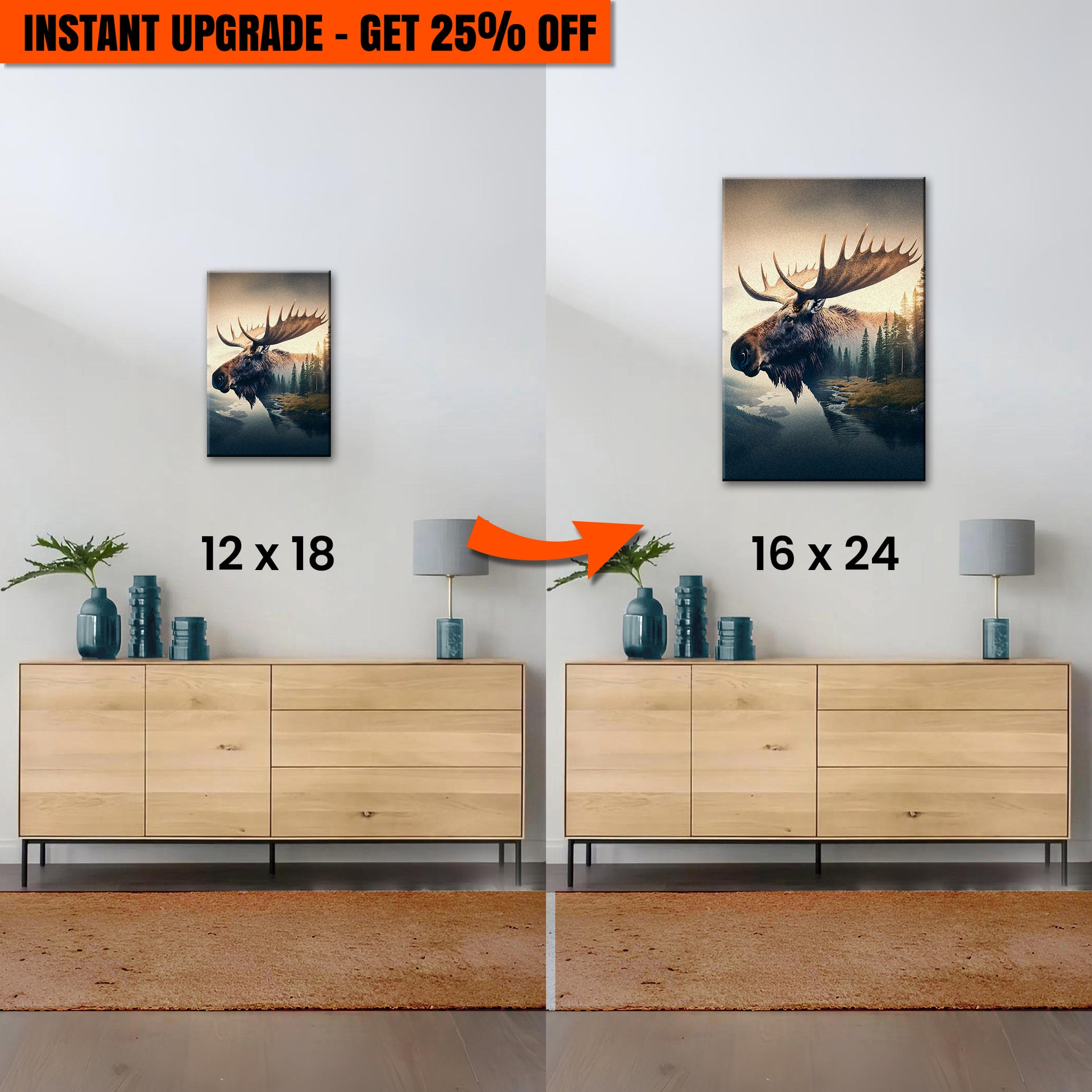 Upgrade Your 12x18 Inches 'Moose Double Exposure Wall Art' Canvas to 16x24 Inches