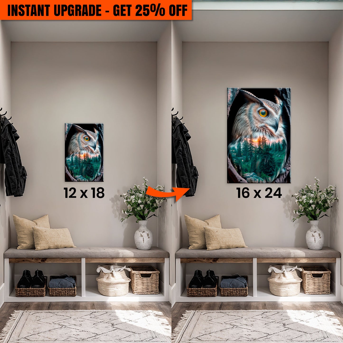 Upgrade Your 18x12 Inches 'Owl Double Exposure Wall Art' Canvas To 24x16 Inches Canvas