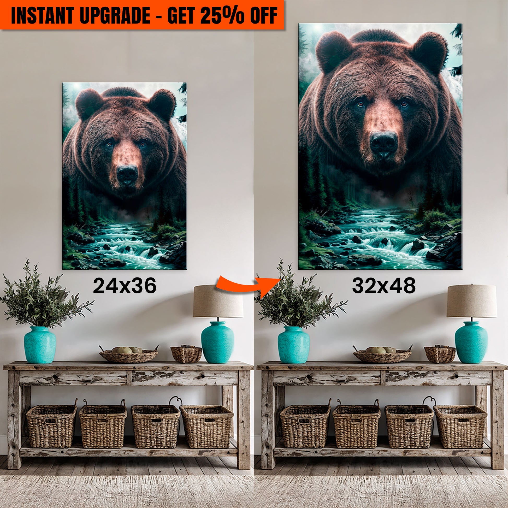 Upgrade Your 36x24 Inches 'Grizzly Bear Double Exposure Wall Art' Canvas To 48x32 Inches