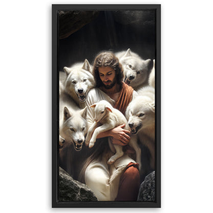 Save 33% When You Add A Frame To Your 60x30 Jesus Protects The Lamb From Wolves Faith Wall Art Canvas Now