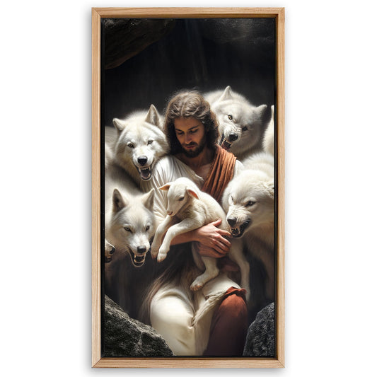 Save 33% When You Add A Frame To Your 48x24 Jesus Protects The Lamb From Wolves Faith Wall Art Canvas Now
